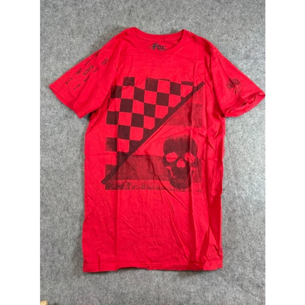 Fox Racing Skull Checkboard Flag Shirt Mens S Red Slim Fit Moto Streetwear Y2K
